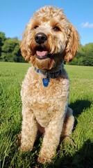 Fototapeta premium A Golden Doodle enjoying a sunny day in a park, with its golden curls illuminated by natural light against a soft blue backdrop