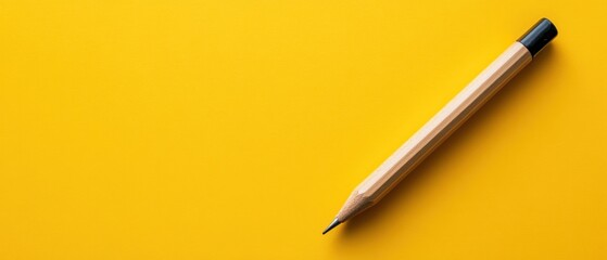 Simple wooden pencil lying on a vibrant yellow background ready for creative writing or sketching tasks