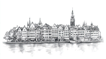 Fototapeta premium Stavanger, Norway, black and white pen pencil hand-drawn effect drawing illustration for travel poster, card, wallpaper, backdrop or banner. Modern, clear, artistic and simple