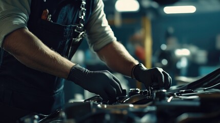 Close up hands of unrecognizable mechanic doing car service and maintenance.