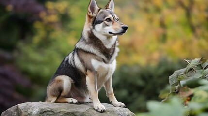 A Swedish Vallhund sitting gracefully on a , showcasing its distinctive wolf-like appearance and alert expression