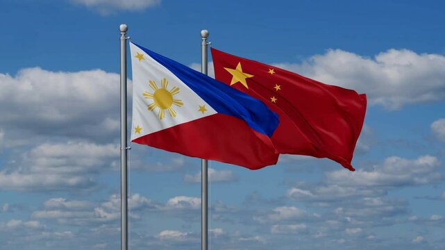 China and Philippines flags flying together, video concept of the relationship, two country relations concept