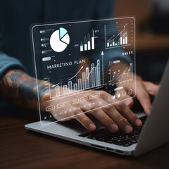 Businessman analyzing sales data, financial growth graph chart report, on laptop analyst making business marketing plan, research, finds strategy of development. Holographic virtual screen with data.
