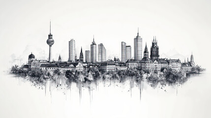 Naklejka premium Stuttgart, Germany, black and white pen pencil hand-drawn effect drawing illustration for travel poster, card, wallpaper, backdrop or banner. Modern, clear, artistic and simple