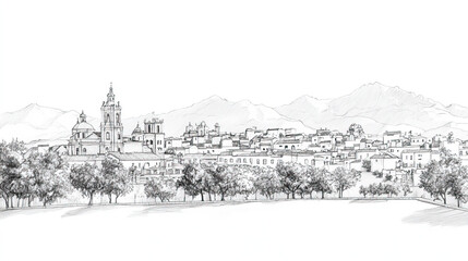 Obraz premium Sucre, Bolivia, black and white pen pencil hand-drawn effect drawing illustration for travel poster, card, wallpaper, backdrop or banner. Modern, clear, artistic and simple