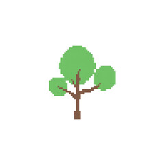 Simple pixelated tree icon. Minimalistic pixel art tree with green leaves and a brown trunk.