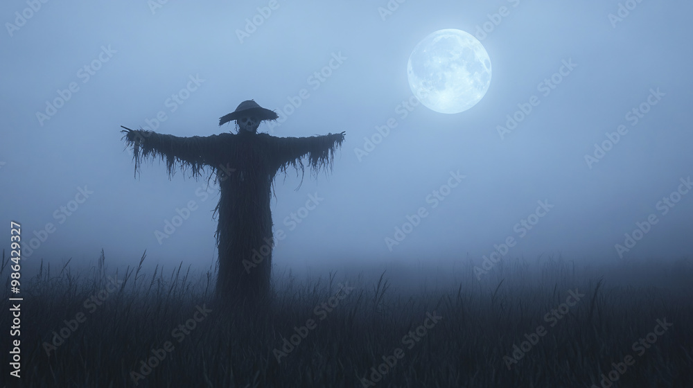 Wall mural creepy scarecrow standing alone in a foggy field under the moon