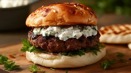 A juicy burger with a toasted bun, a thick beef patty, and a creamy feta cheese and parsley spread.