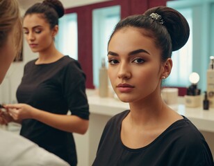  young woman in a hair salon getting her hair styled. She is holding a brush in one hand and has a relaxed, happy expression on her face. She is wearing a white shirt and black apron