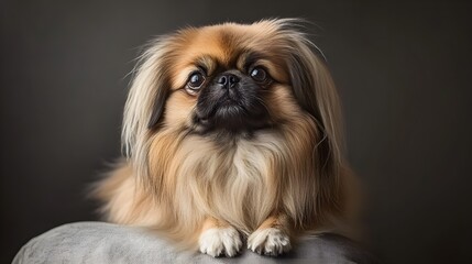 A fluffy Pekingese dog sitting majestically on a , showcasing its long flowing coat and expressive eyes