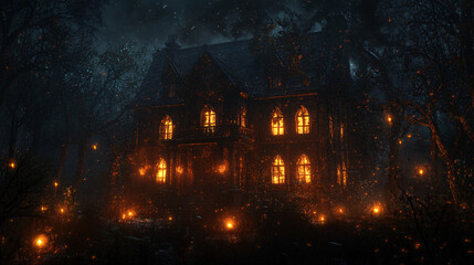 Haunted house with eerie lights and flickering candles inside