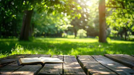 Book on a Wooden Table in a Lush Green Forest