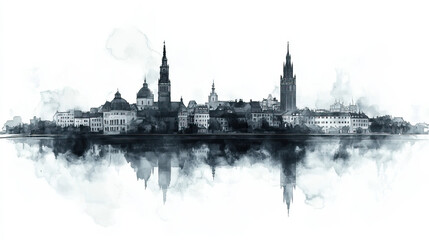 Naklejka premium Szczecin, Poland, black and white pen pencil hand-drawn effect drawing illustration for travel poster, card, wallpaper, backdrop or banner. Modern, clear, artistic and simple