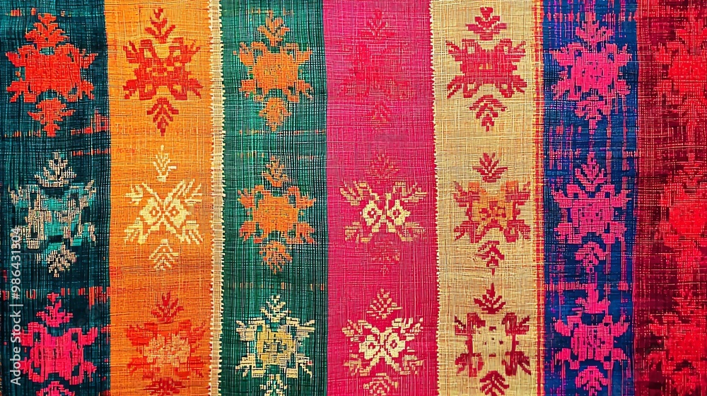 Poster vibrant woven fabric showcasing intricate patterns and colors, perfect for textile design and cultur