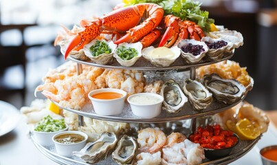 Seafood platter with lobster, shrimp, and oysters.