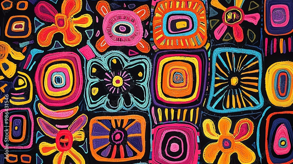 Poster colorful abstract pattern featuring vibrant shapes and flowers on a dark background, ideal for creat