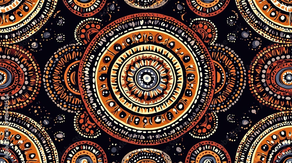 Poster Colorful abstract circular pattern featuring intricate designs in warm tones on a dark background.
