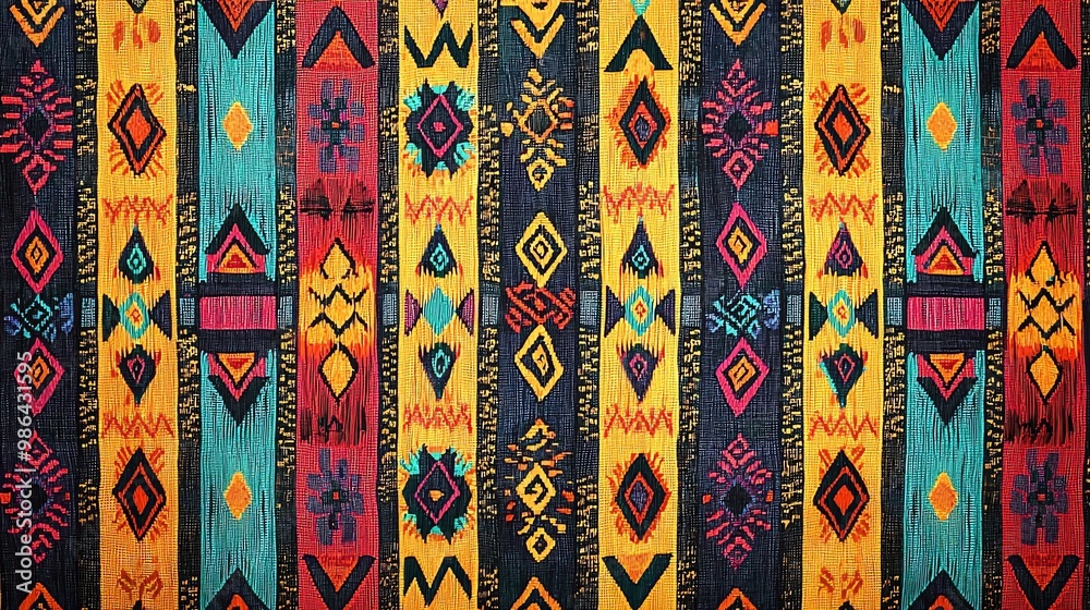 Poster colorful geometric pattern featuring vibrant stripes in various shapes, perfect for textiles, backgr