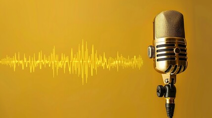 Fototapeta premium Retro microphone with sound wave on yellow background. Music concept.