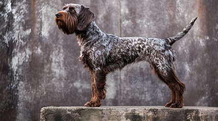 A Wirehaired Pointing Griffon standing proudly on a , showcasing its distinctive coat texture and vibrant personality
