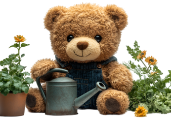 a teddy bear with a watering can and flowers.