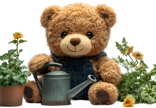 a teddy bear with a watering can and flowers.