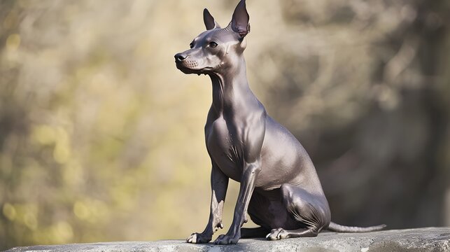 A Xoloitzcuintli dog sitting gracefully on a , showcasing its unique hairless features and elegant posture
