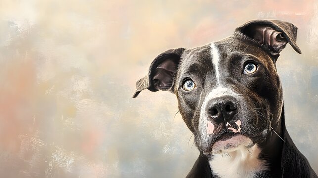 A close-up portrait of a Beabull dog with bright eyes and a playful expression, against a soft, pastel background