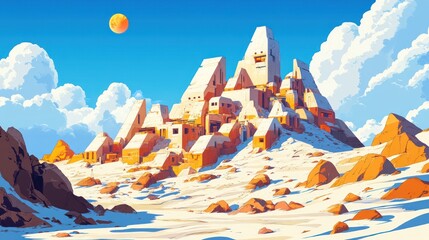 Picturesque landscape of an ancient mystical city located on a rocky outcrop, against the backdrop of a clear blue sky and a shining orange moon.