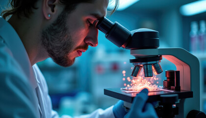 Fototapeta premium Cell Therapy Research: Scientist examines microscopic details of gene editing under microscope in the laboratory.
