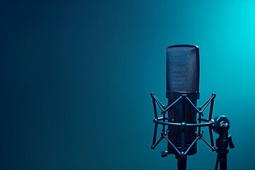 Professional condenser microphone on a blue background with copy space for text.