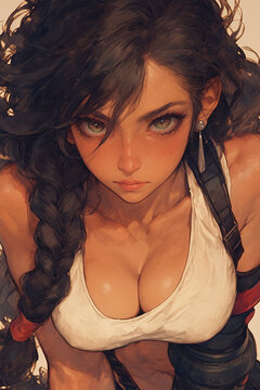 Tifa Lockhart --ar 2:3 --personalize 8ochw1t --white background, white t-shirt with black sleeves, long sleeve gloves made of metal on both hands, simple design, muscular body and strong shoulders,