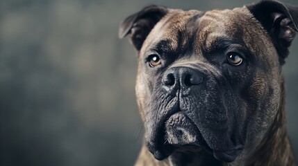 Obraz premium A close-up portrait of a Perro De Presa Canario with a focused expression, highlighting its distinctive features against a minimalistic backdrop