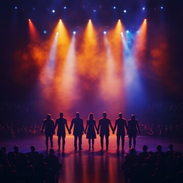 Silhouettes of performers on stage with bright spotlights and a large audience in the background.