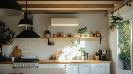 Fototapeta premium cozy kitchen featuring wooden shelves adorned with plants, jars, and kitchenware. sunlight streams in, creating warm and inviting atmosphere perfect for cooking