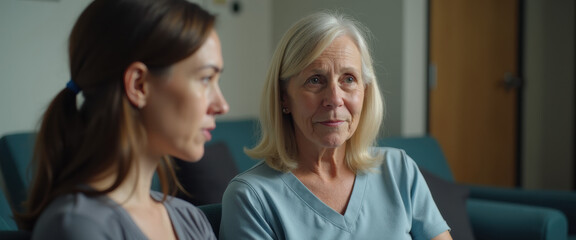 Obraz premium Hope for Healthy Future. Two women talking about Cell Therapy, Medical Innovation in Biotech. Gene Editing, New Technology. Health Care Conceptual. 