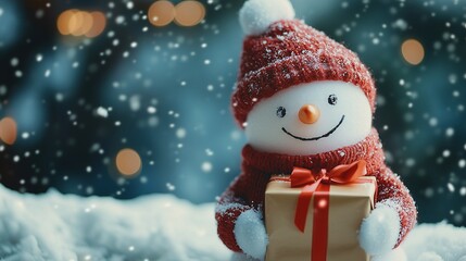 Fototapeta premium cute christmas snowman holding a gift box in winter snow with blur bokeh background, christmas background