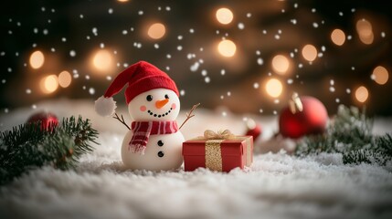 Fototapeta premium cute christmas snowman with gift boxes in winter snow with blur bokeh background, christmas background