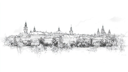 Fototapeta premium Tartu, Estonia, black and white pen pencil hand-drawn effect drawing illustration for travel poster, card, wallpaper, backdrop or banner. Modern, clear, artistic and simple