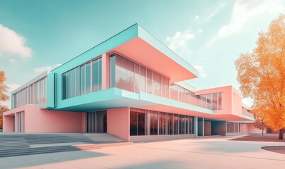 Obraz premium Modern building with pastel colors and large windows.