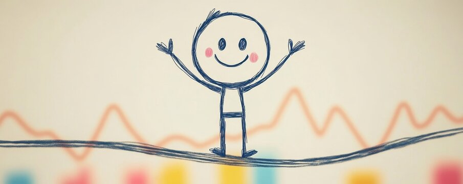 Cartoon character balancing on tightrope made of fluctuating graph line