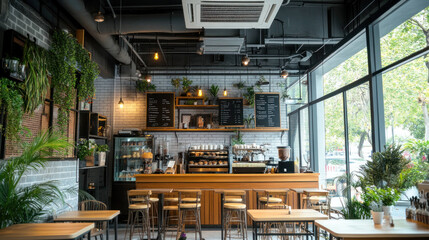modern cafe interior featuring wooden furniture, lush greenery, and welcoming atmosphere. barista counter is well organized, showcasing variety of beverages and snacks
