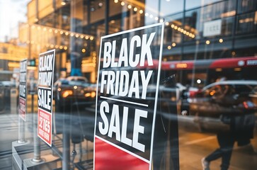 "Vibrant Store Window Display with Black Friday Sale Signs and City Reflections"

