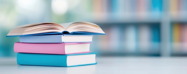 A library stack of books with a hazy background of bookshelves for educational purposes.