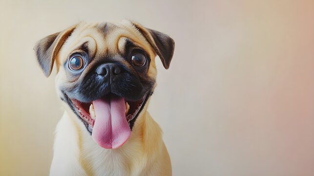 A playful chug dog with its tongue out, captured in a moment of joy against a soft pastel backdrop