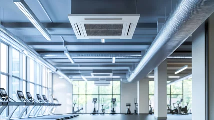 Modern gym interior featuring air conditioning unit and fitness equipment, creating comfortable workout environment. spacious design enhances overall experience