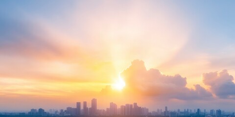 bright glowing sun on sky with sunbeam at city