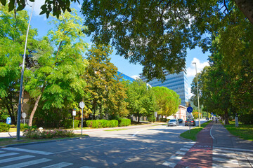 Erjavceva Ulica in downtown Nova Gorica, Slovenia.  A principle streets in this planned city, it runs from the heart of the city to Trg Evrope/Europe Square which symbolically connected it with Italy