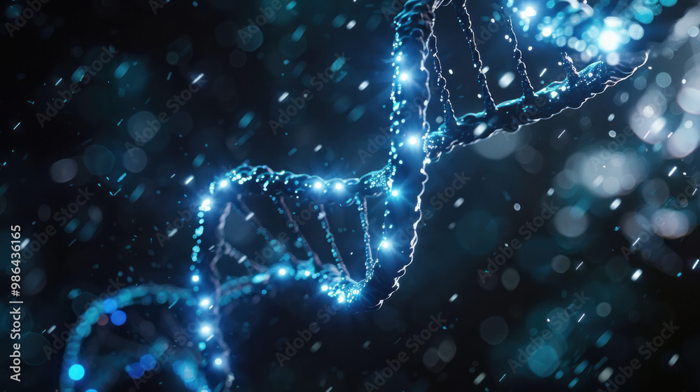 Poster stunning representation of dna double helix illuminated with glowing blue lights, surrounded by mist