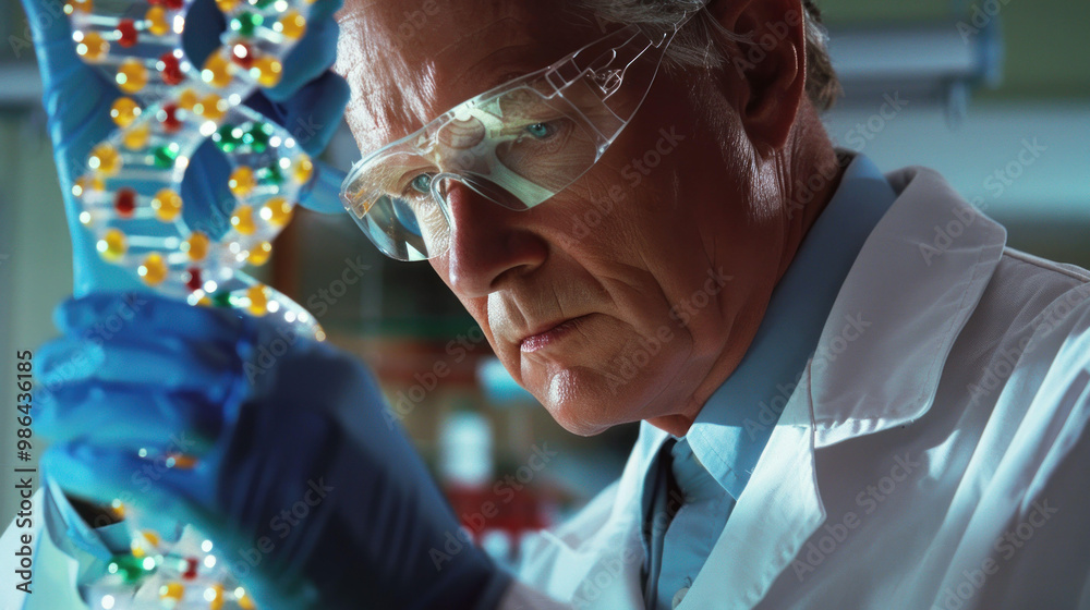 Poster focused scientist examines dna double helix structure, showcasing dedication and curiosity in labora